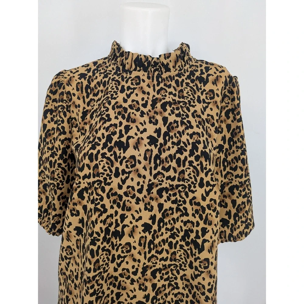 J Crew Leopard Print Ruffle Mock Neck Top Puff Sleeve Office Feminine Chic Small